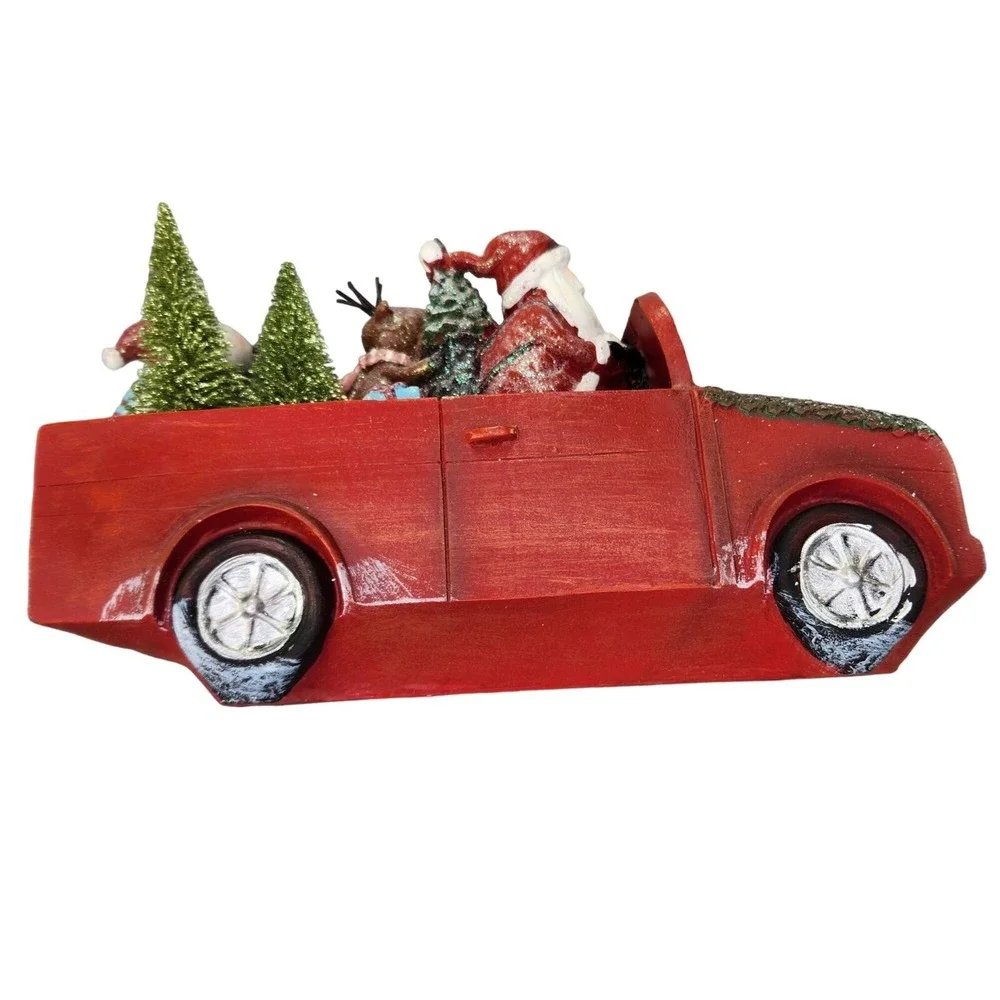 Santa Claus in a Red Truck Christmas Bottle Brush‎ Trees Folkart Distressed READ